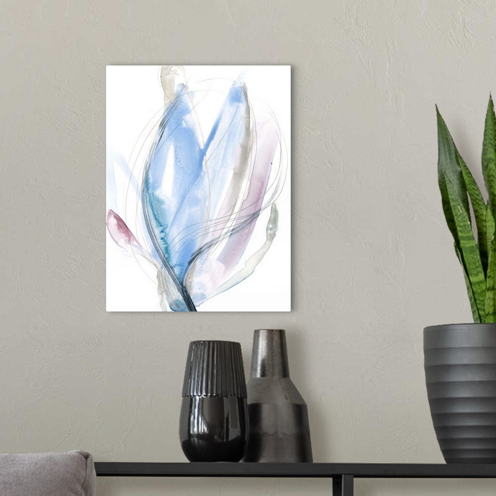 A modern room featuring Contemporary abstract painting of a floral shaped form in azure blue.