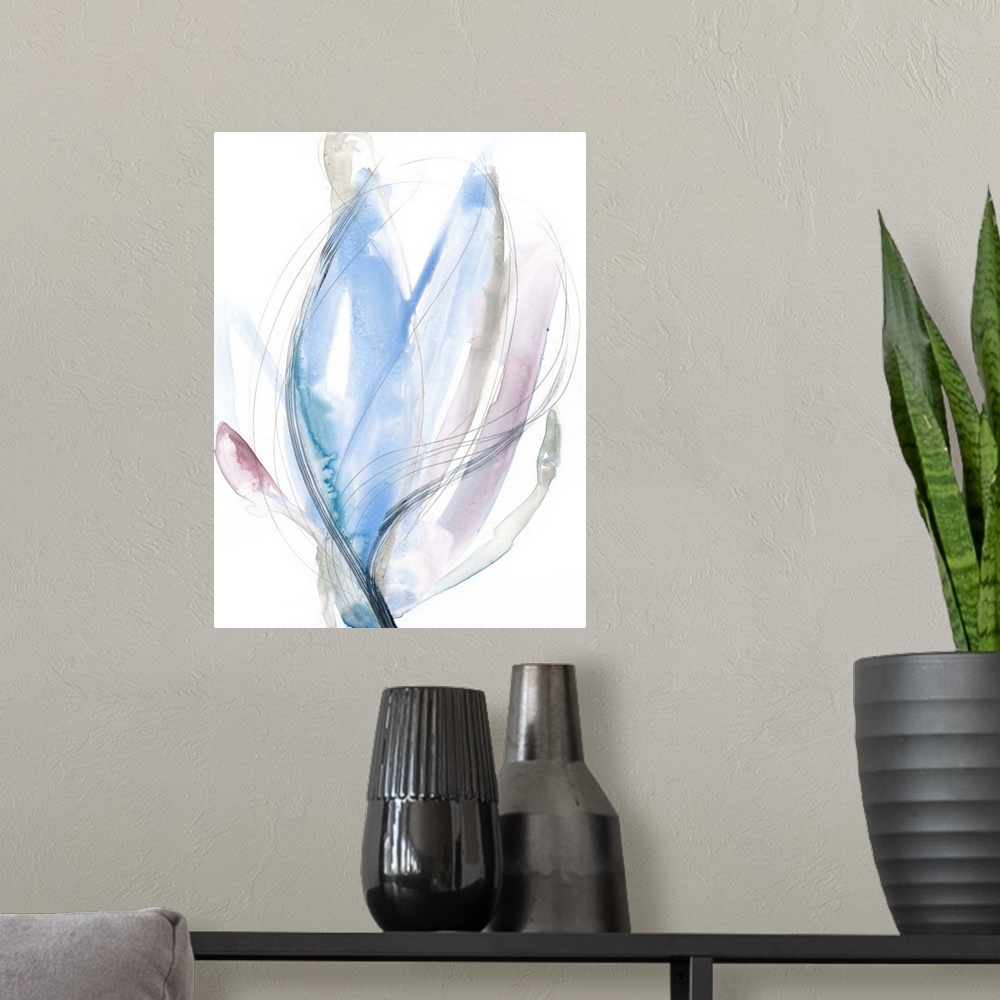 A modern room featuring Contemporary abstract painting of a floral shaped form in azure blue.
