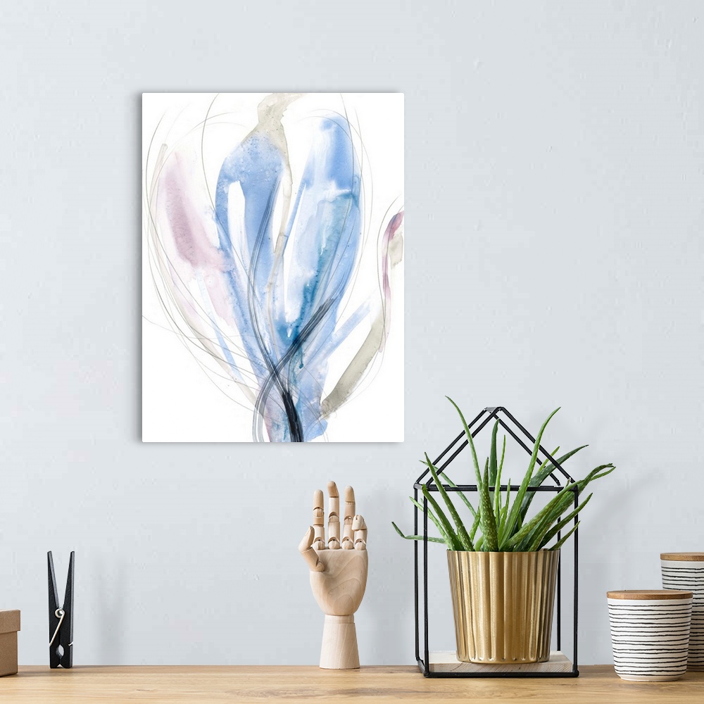A bohemian room featuring Contemporary abstract painting of a floral shaped form in azure blue.