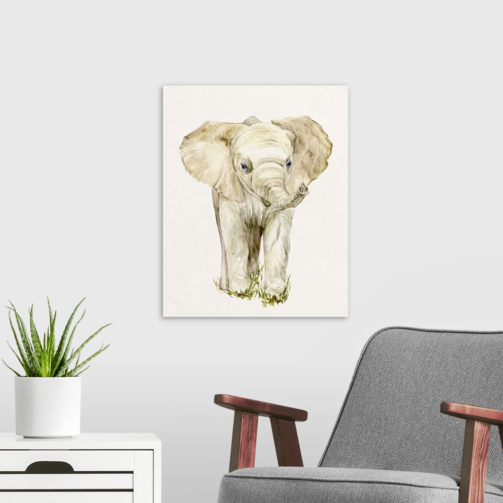 A modern room featuring Watercolor art print of a young elephant in sepia tones.