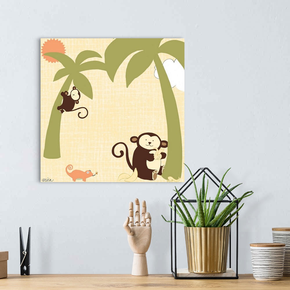 A bohemian room featuring Cute children's room artwork of friendly jungle animals in yellow and green.