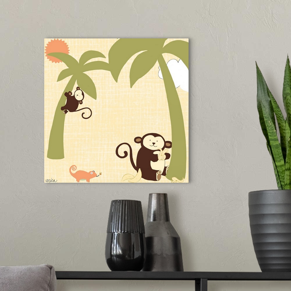 A modern room featuring Cute children's room artwork of friendly jungle animals in yellow and green.