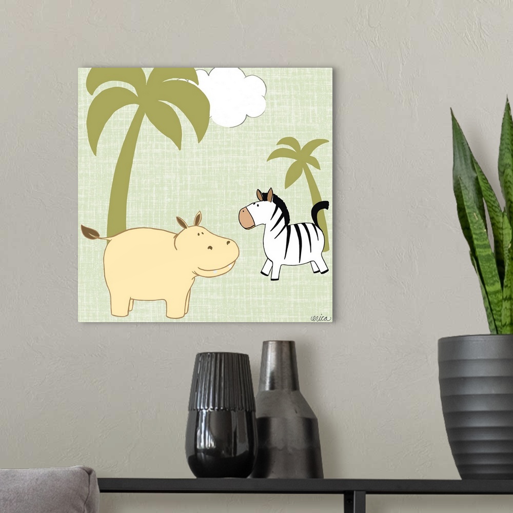 A modern room featuring Cute children's room artwork of friendly jungle animals in yellow and green.