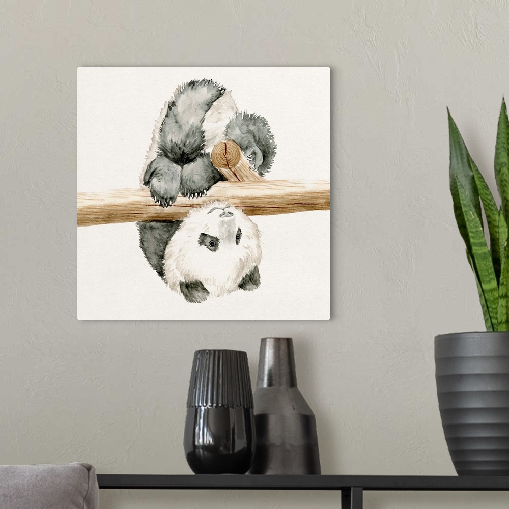 A modern room featuring Watercolor artwork of a cute baby panda hanging from a branch.