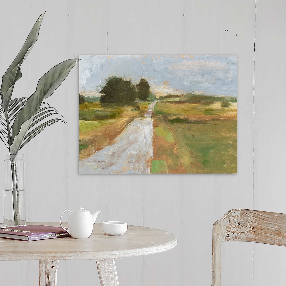 A farmhouse room featuring Contemporary abstract landscape of a road meandering through the countryside.