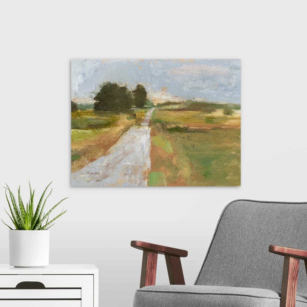 A modern room featuring Contemporary abstract landscape of a road meandering through the countryside.