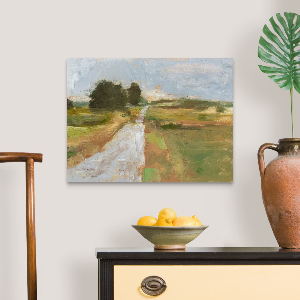 A traditional room featuring Contemporary abstract landscape of a road meandering through the countryside.