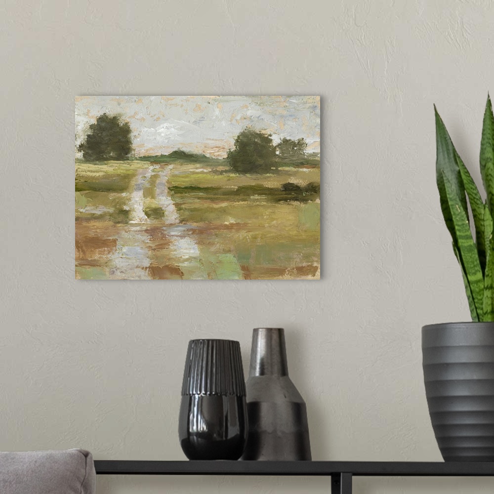 A modern room featuring Contemporary abstract landscape of a road meandering through the countryside.