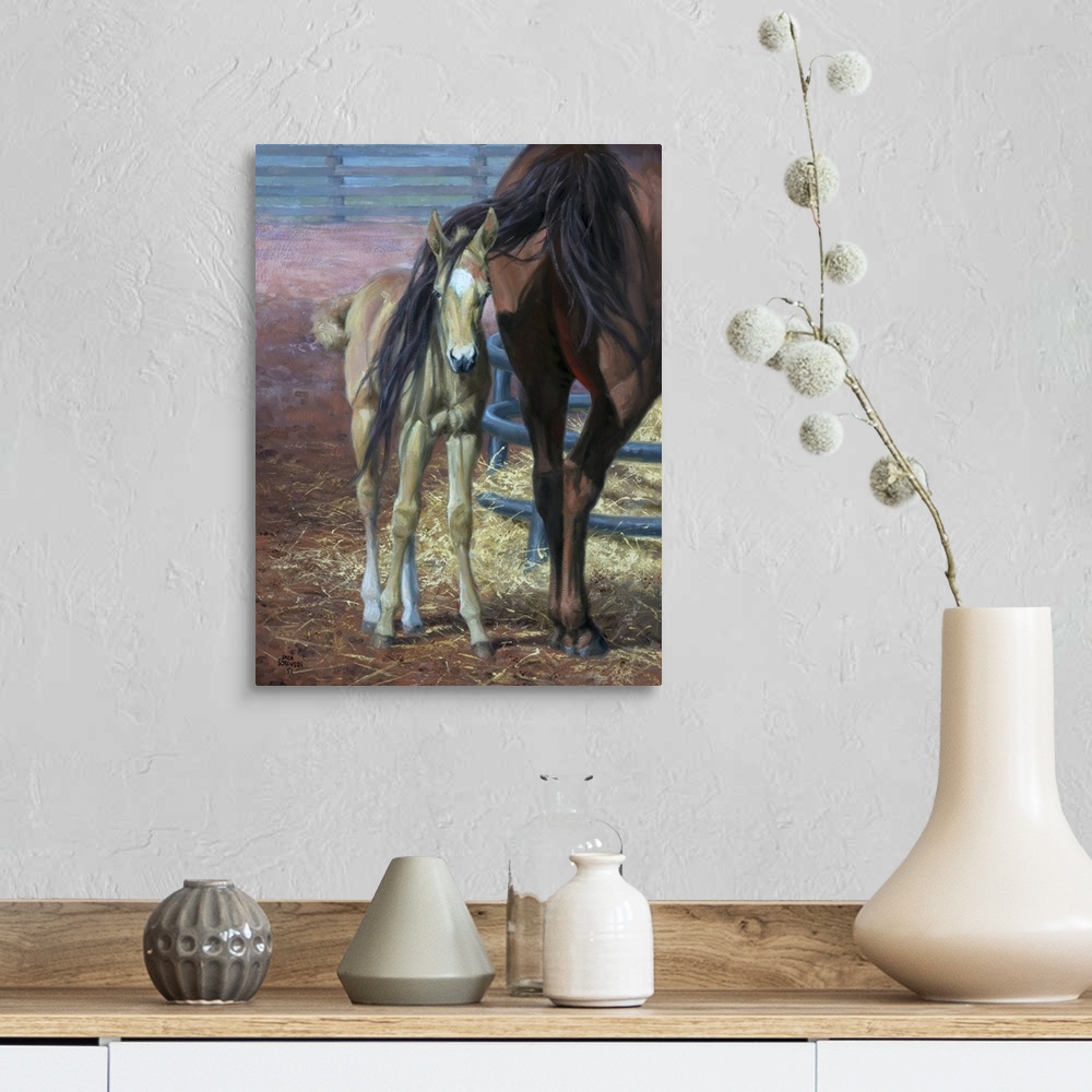 A farmhouse room featuring Lively brush strokes that create a humorous scene of a foal and their mother in this contemporary...