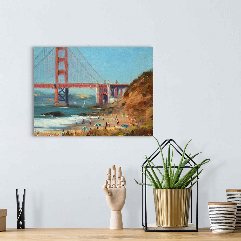 A bohemian room featuring A painting of people sunbathing on Baker's beach in San Francisco California.