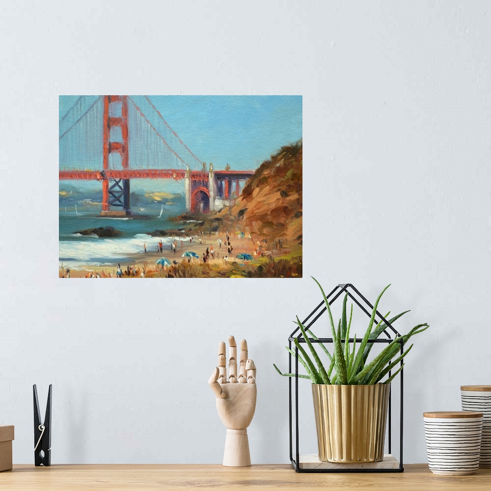A bohemian room featuring A painting of people sunbathing on Baker's beach in San Francisco California.