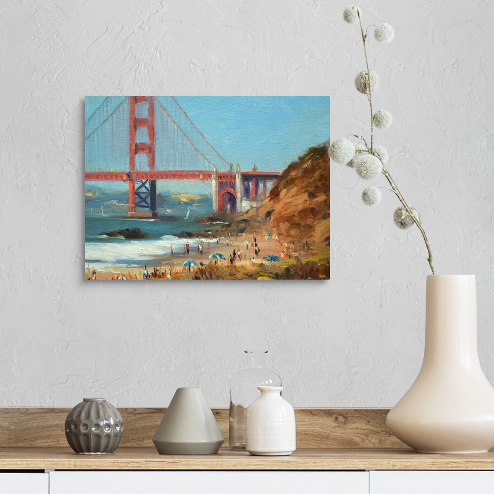 A farmhouse room featuring A painting of people sunbathing on Baker's beach in San Francisco California.