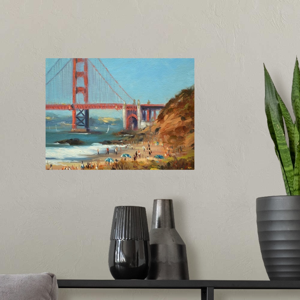 A modern room featuring A painting of people sunbathing on Baker's beach in San Francisco California.
