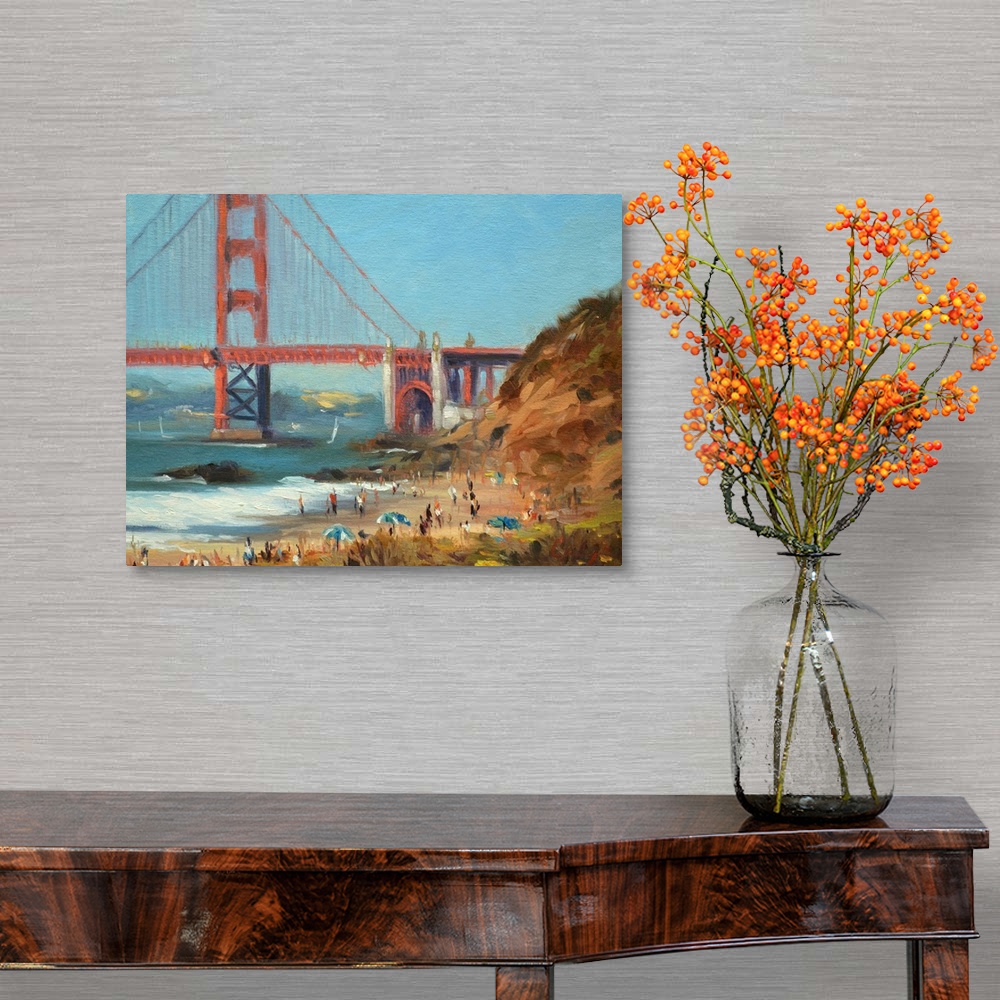 A traditional room featuring A painting of people sunbathing on Baker's beach in San Francisco California.