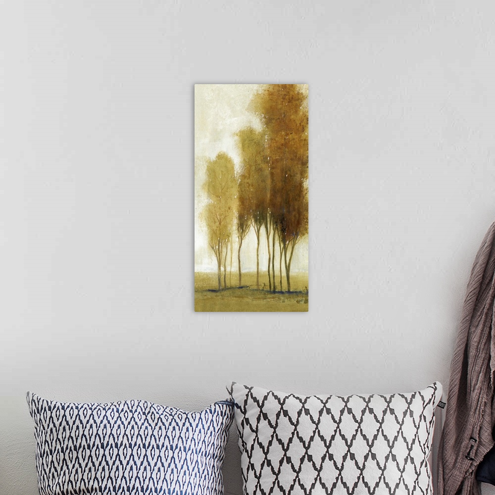 A bohemian room featuring Golden trees in autumn foliage in a countryside scene.