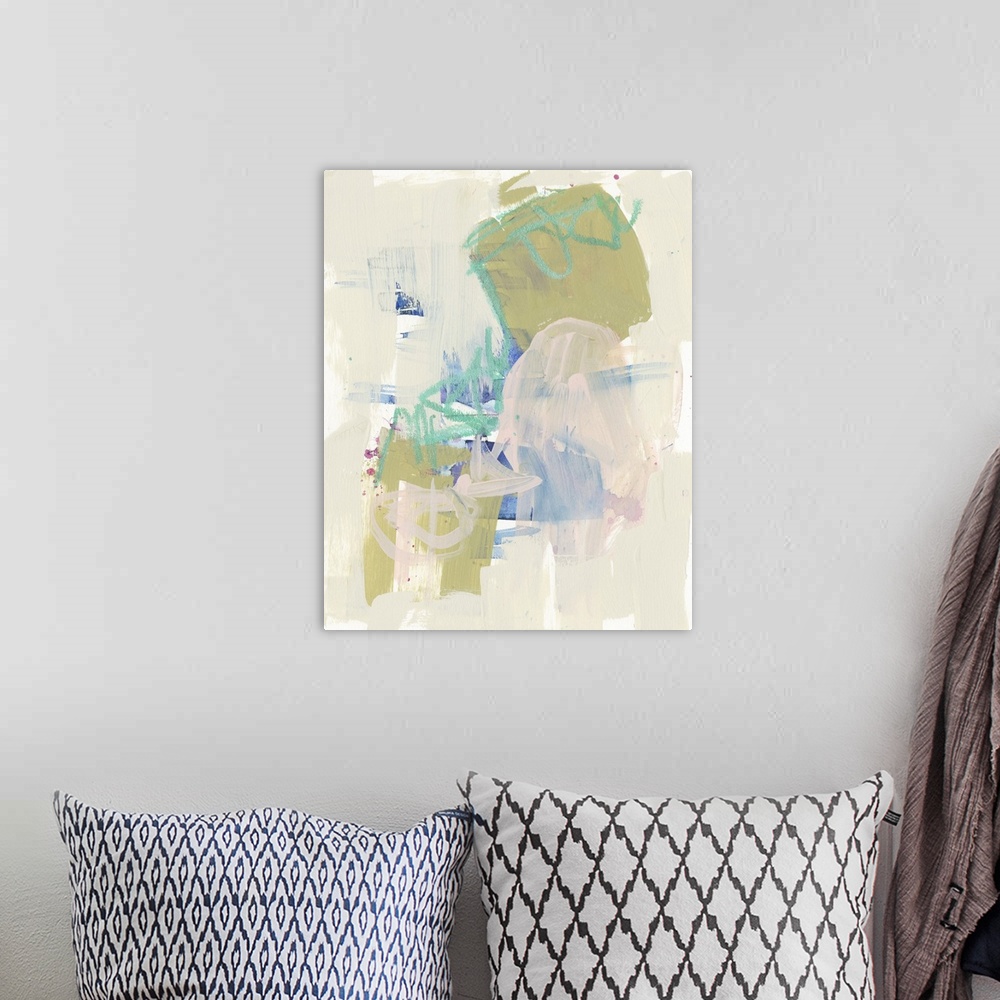 A bohemian room featuring Contemporary abstract painting with bright blue and olive green shapes amongst a field of pale pink.