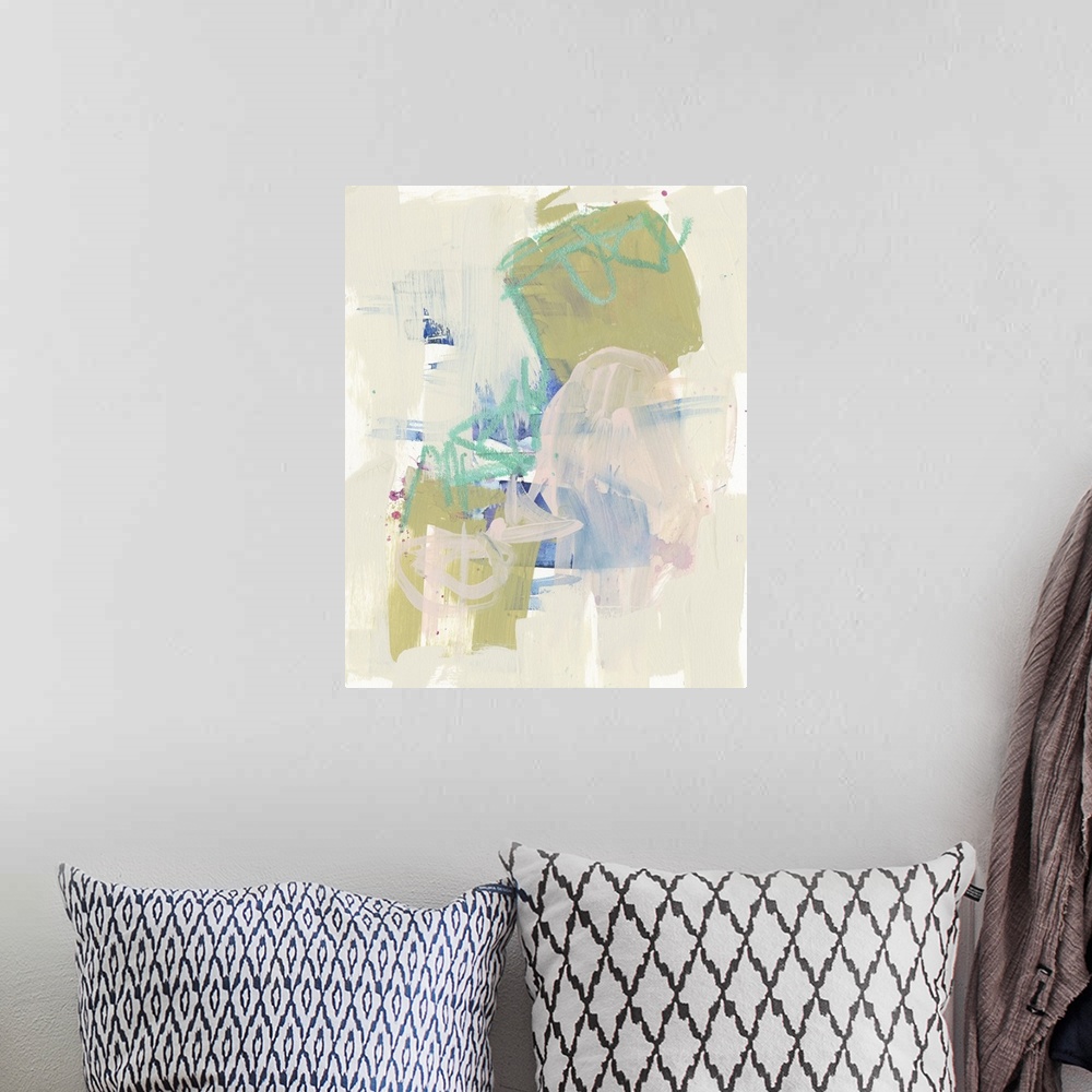 A bohemian room featuring Contemporary abstract painting with bright blue and olive green shapes amongst a field of pale pink.