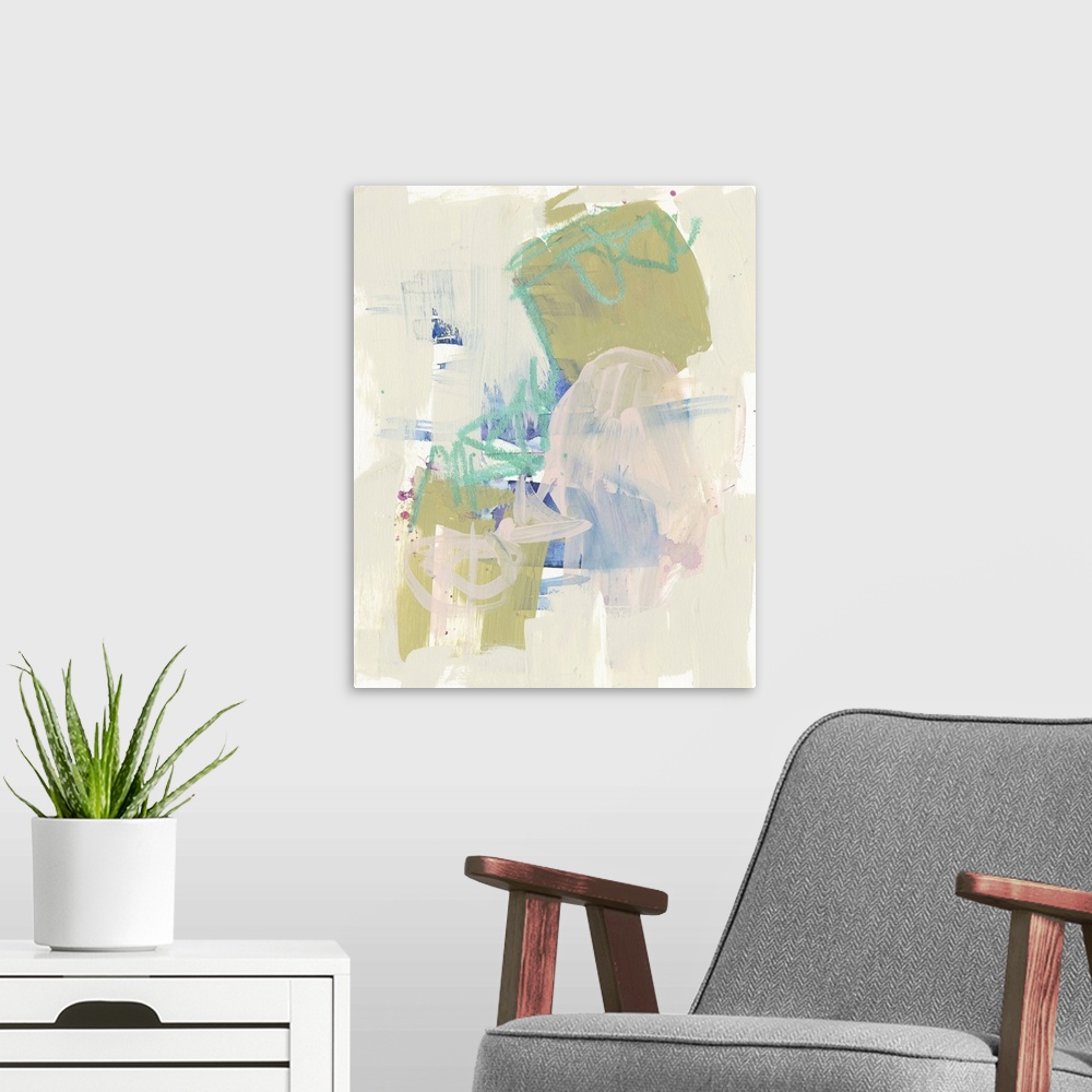 A modern room featuring Contemporary abstract painting with bright blue and olive green shapes amongst a field of pale pink.