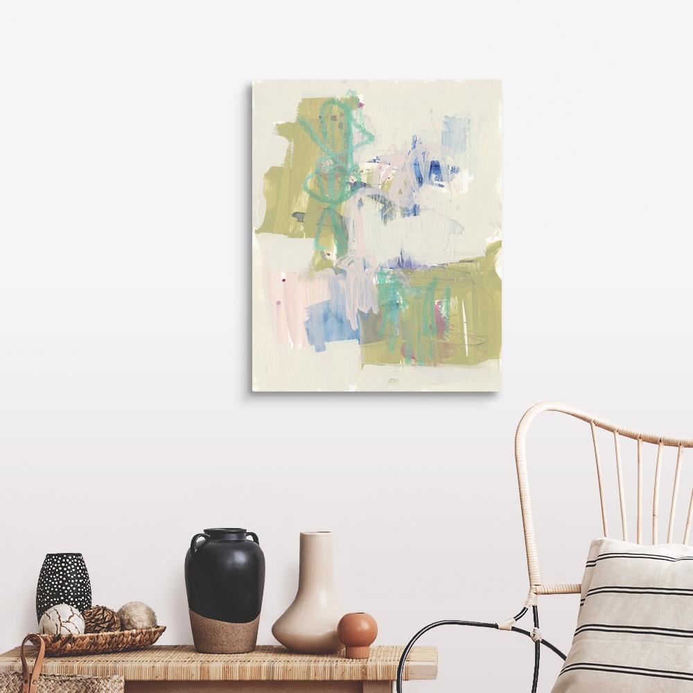 A farmhouse room featuring Contemporary abstract painting with bright blue and olive green shapes amongst a field of pale pink.
