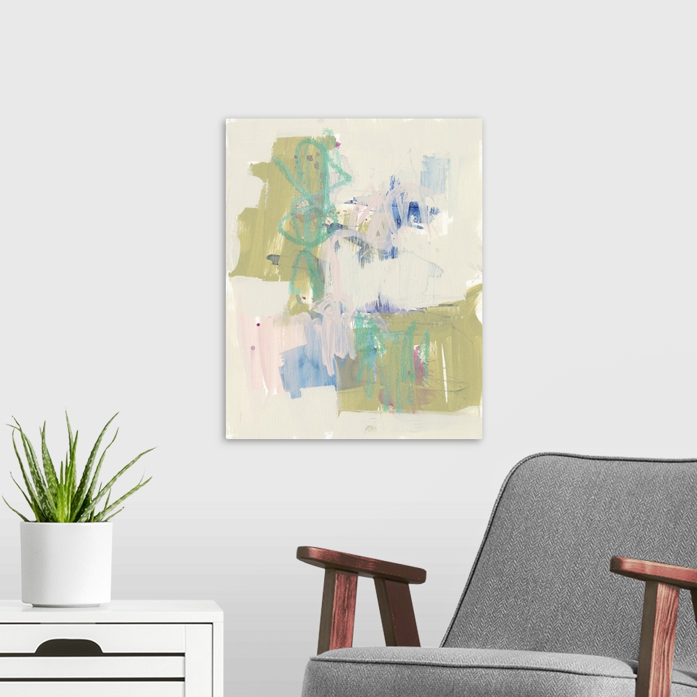 A modern room featuring Contemporary abstract painting with bright blue and olive green shapes amongst a field of pale pink.