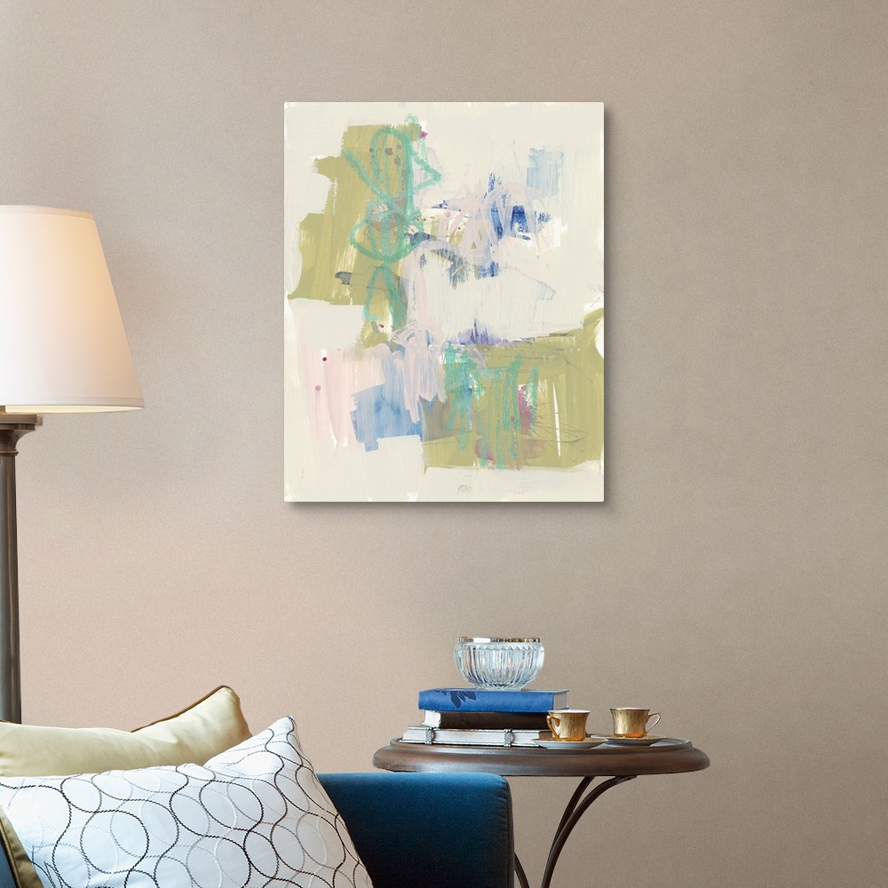 A traditional room featuring Contemporary abstract painting with bright blue and olive green shapes amongst a field of pale pink.
