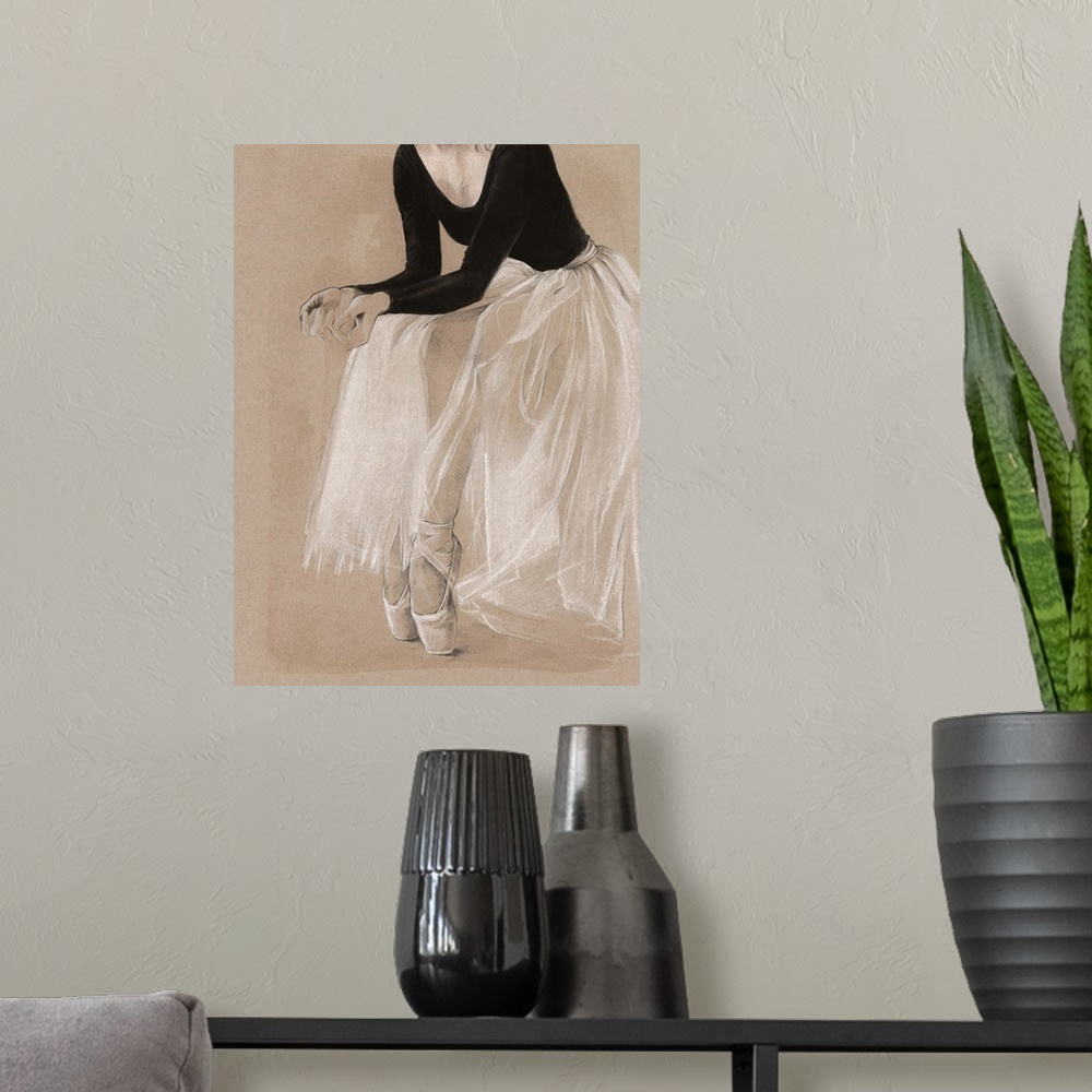 A modern room featuring Detail drawing of the lower half of a ballerina, done in black and white on a beige background.