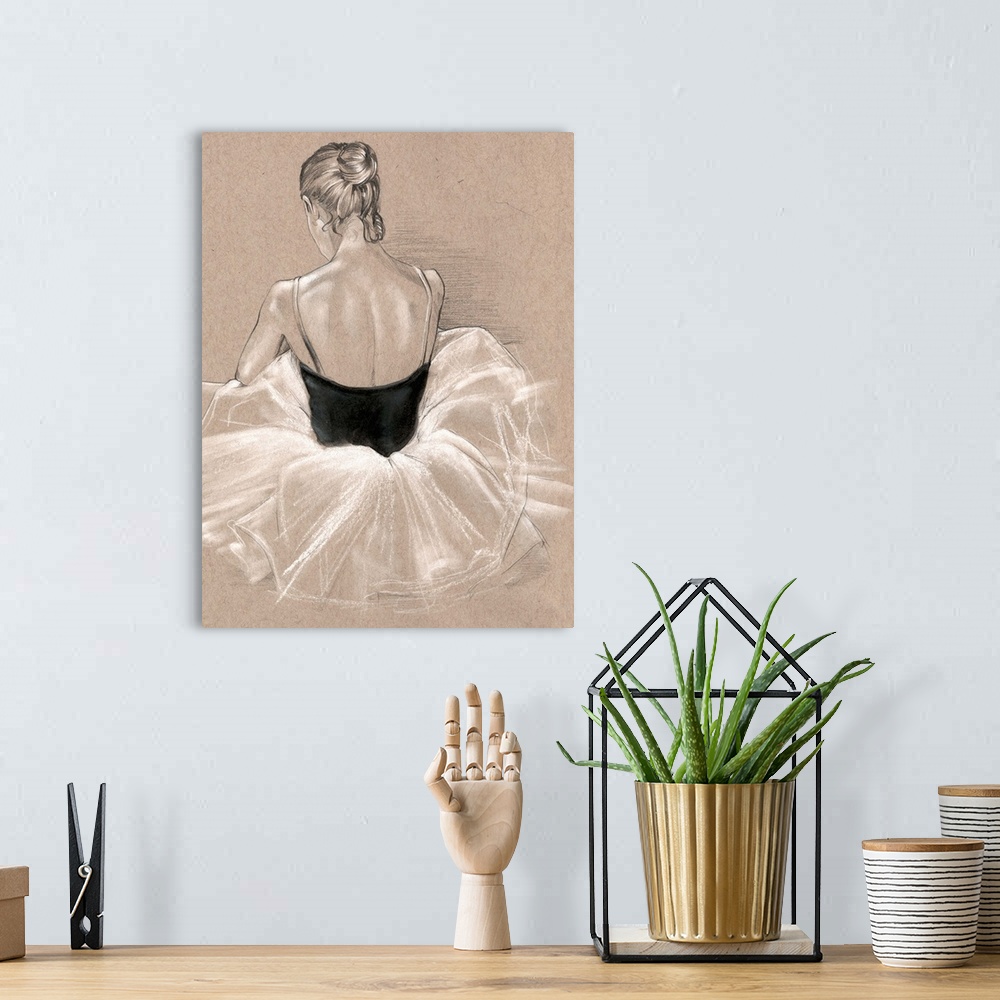 A bohemian room featuring Detail drawing of the back of a ballerina sitting, done in black and white on a beige background.
