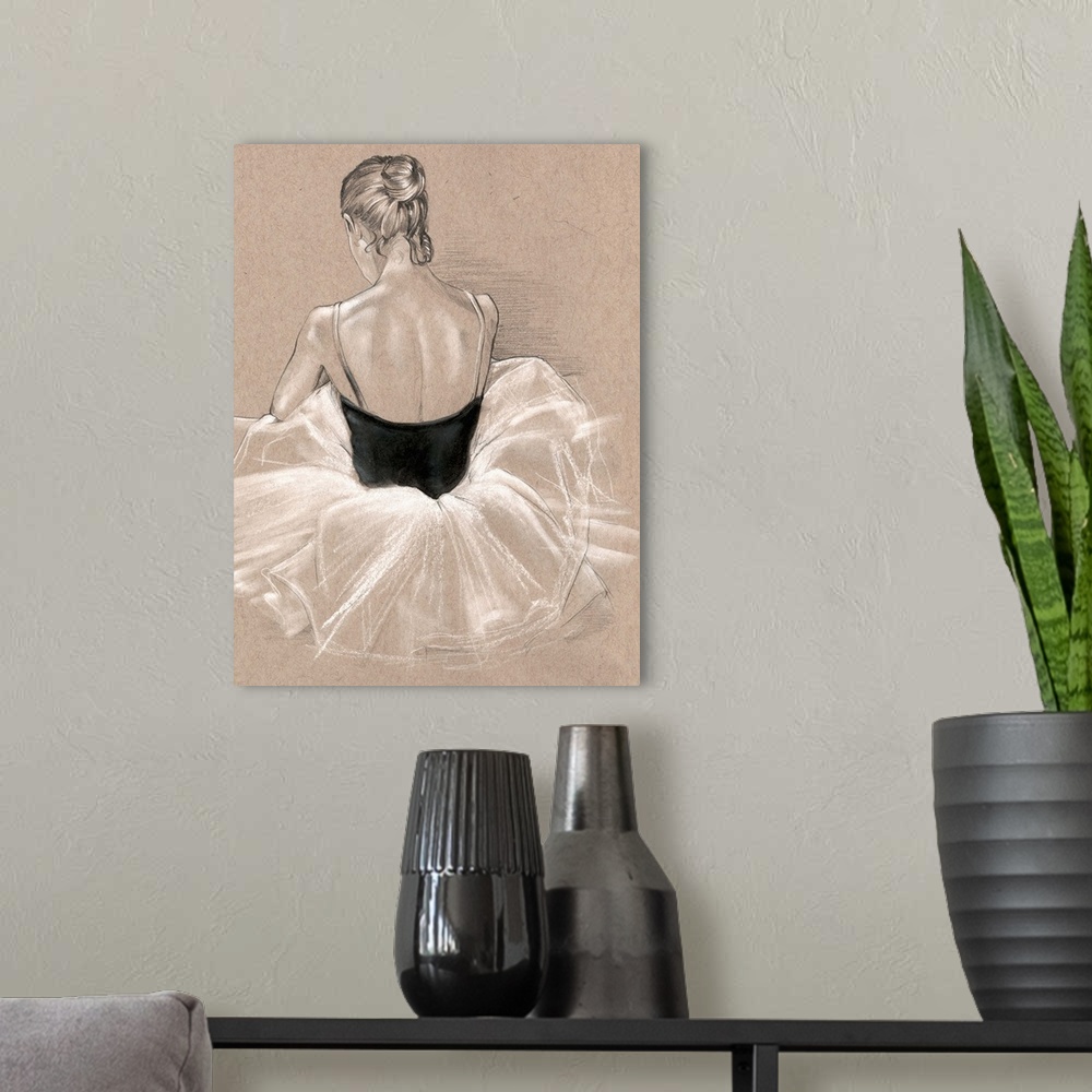 A modern room featuring Detail drawing of the back of a ballerina sitting, done in black and white on a beige background.