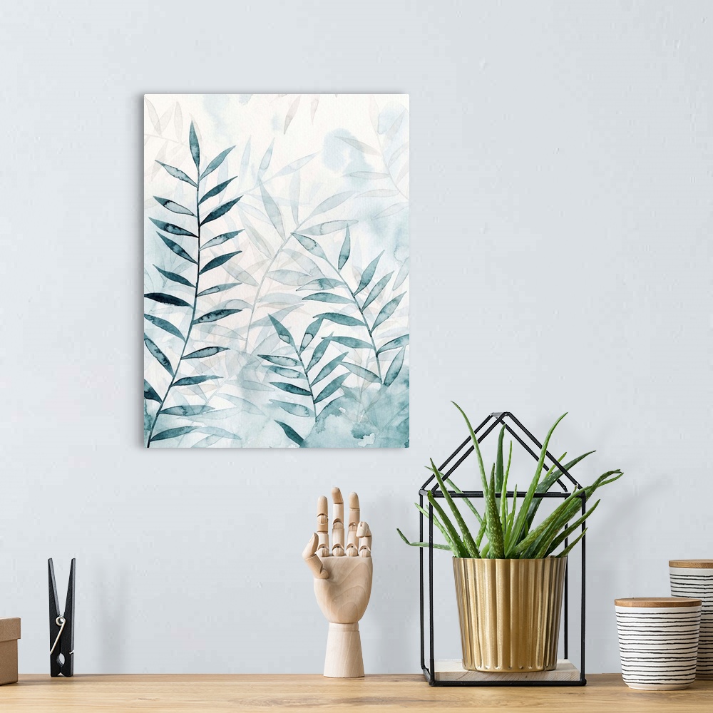 A bohemian room featuring Art print of hazy, translucent bamboo leaves in light teal.