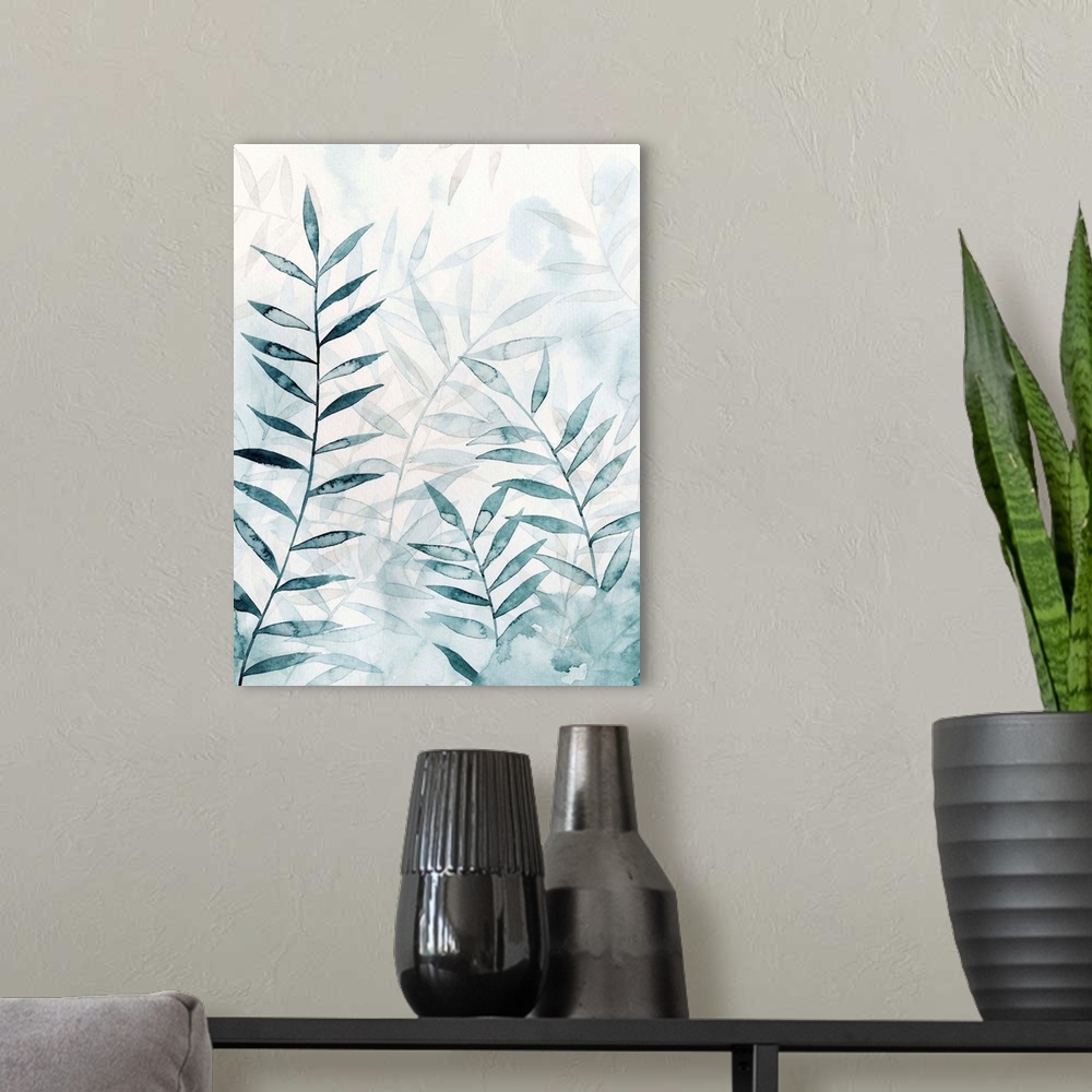 A modern room featuring Art print of hazy, translucent bamboo leaves in light teal.