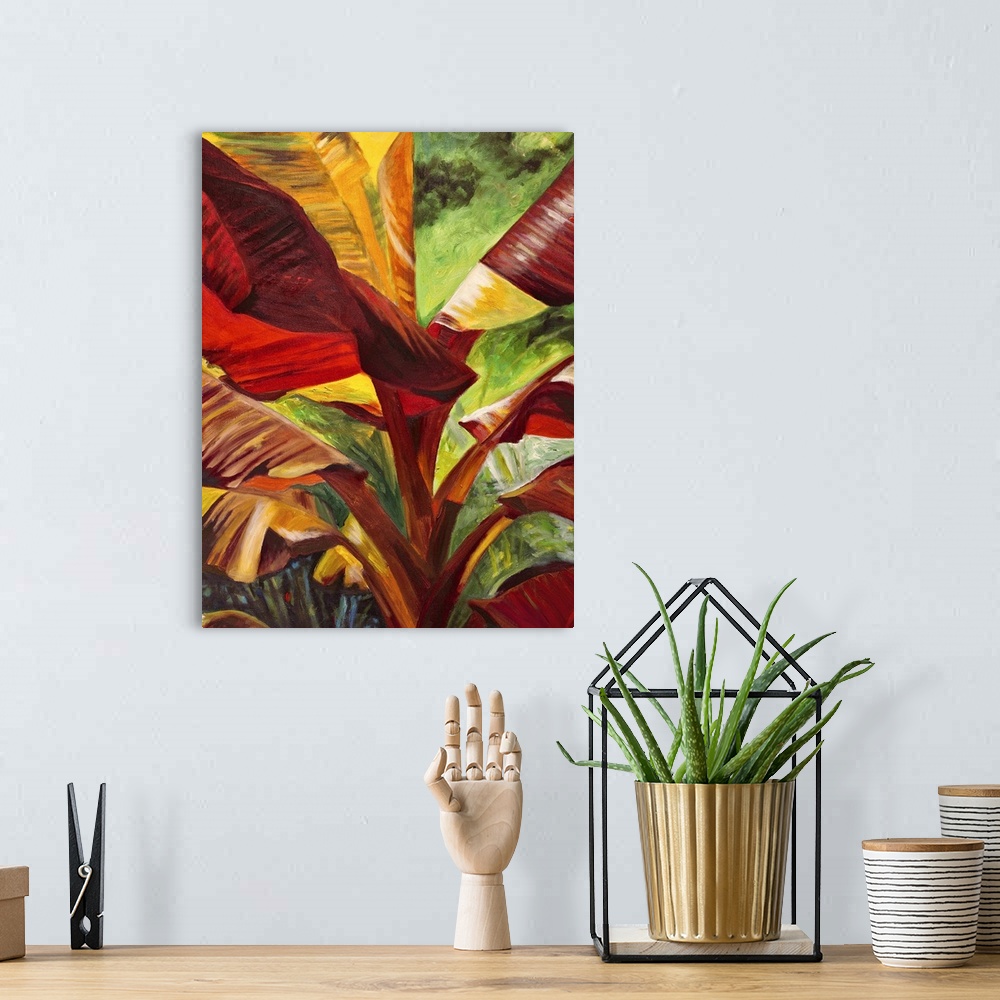 A bohemian room featuring Contemporary painting of a vibrant and colorful tropical leaves.