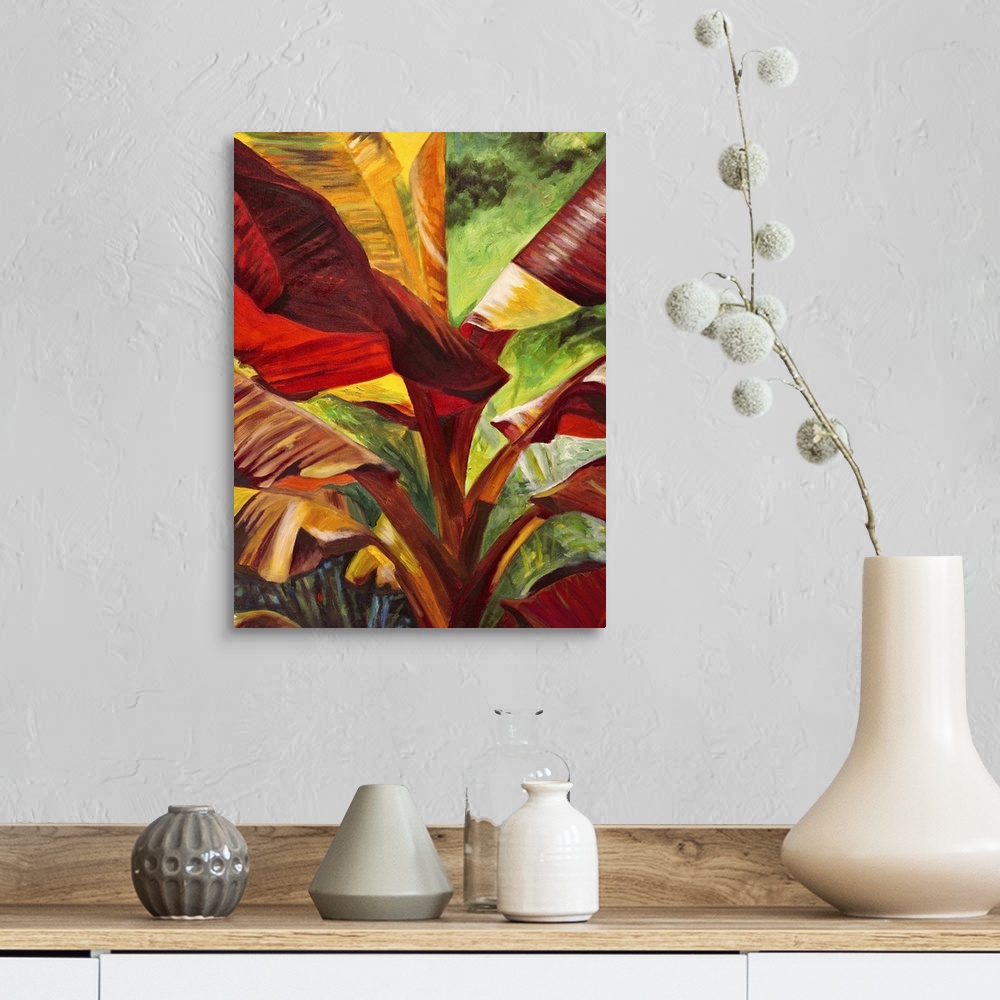 A farmhouse room featuring Contemporary painting of a vibrant and colorful tropical leaves.
