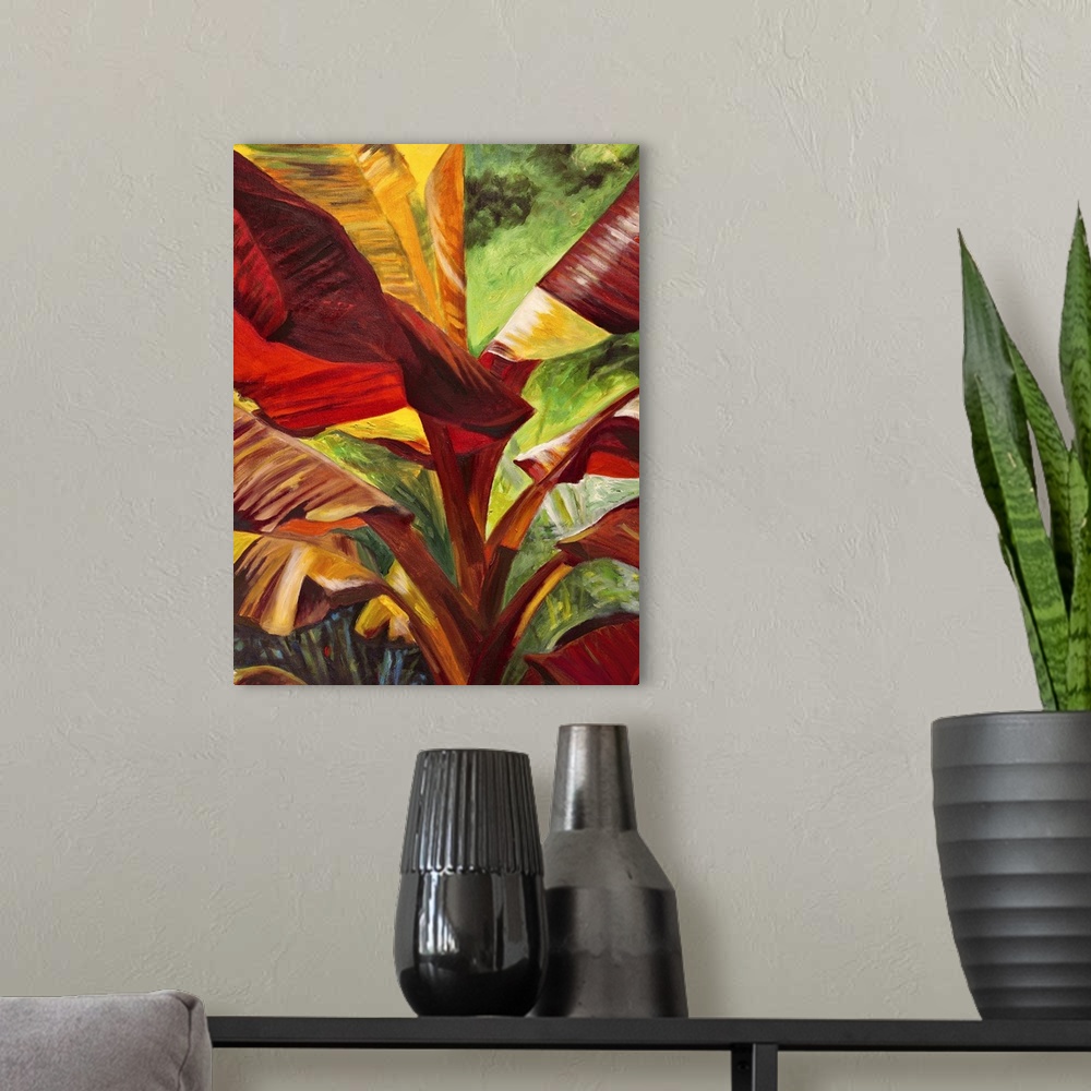 A modern room featuring Contemporary painting of a vibrant and colorful tropical leaves.