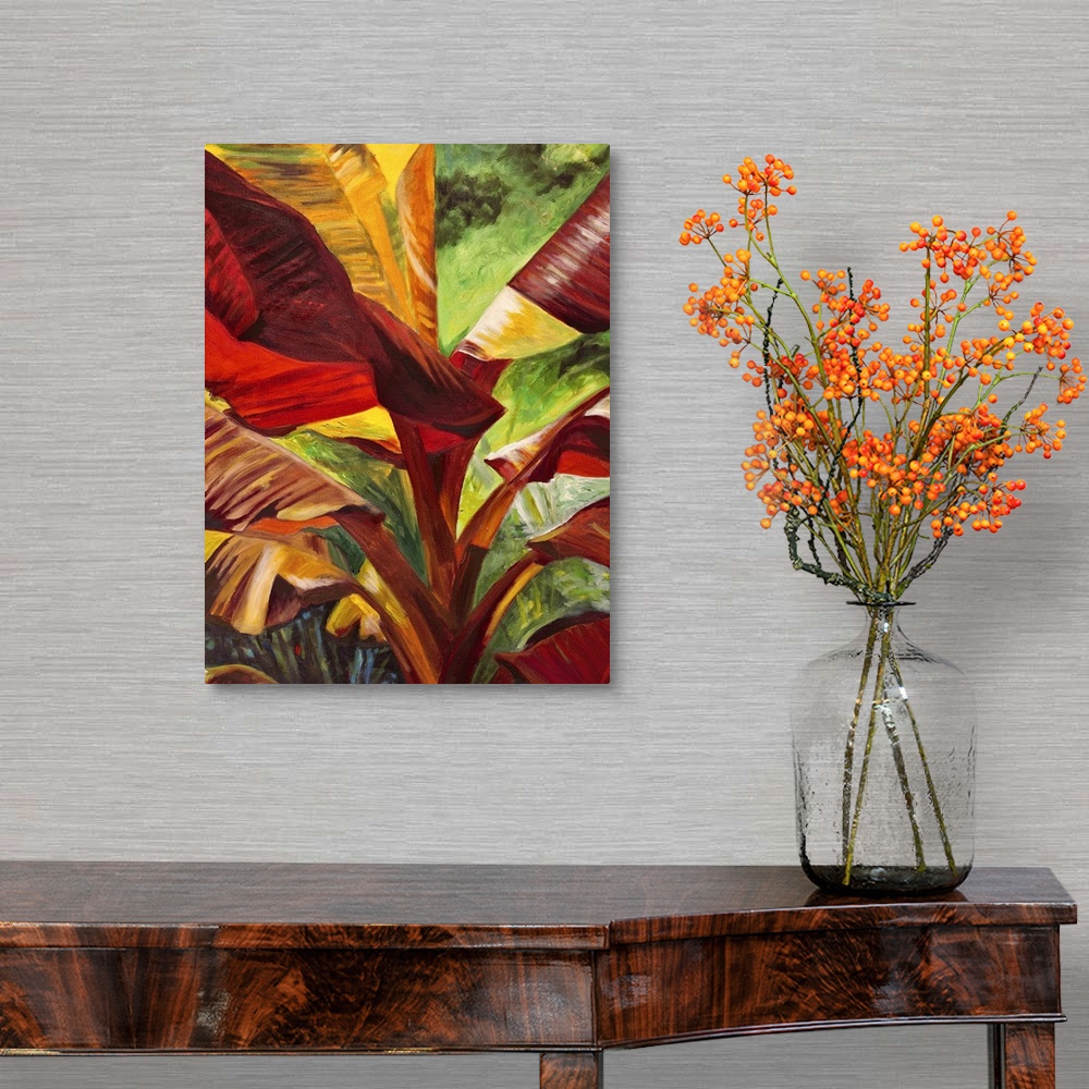 A traditional room featuring Contemporary painting of a vibrant and colorful tropical leaves.