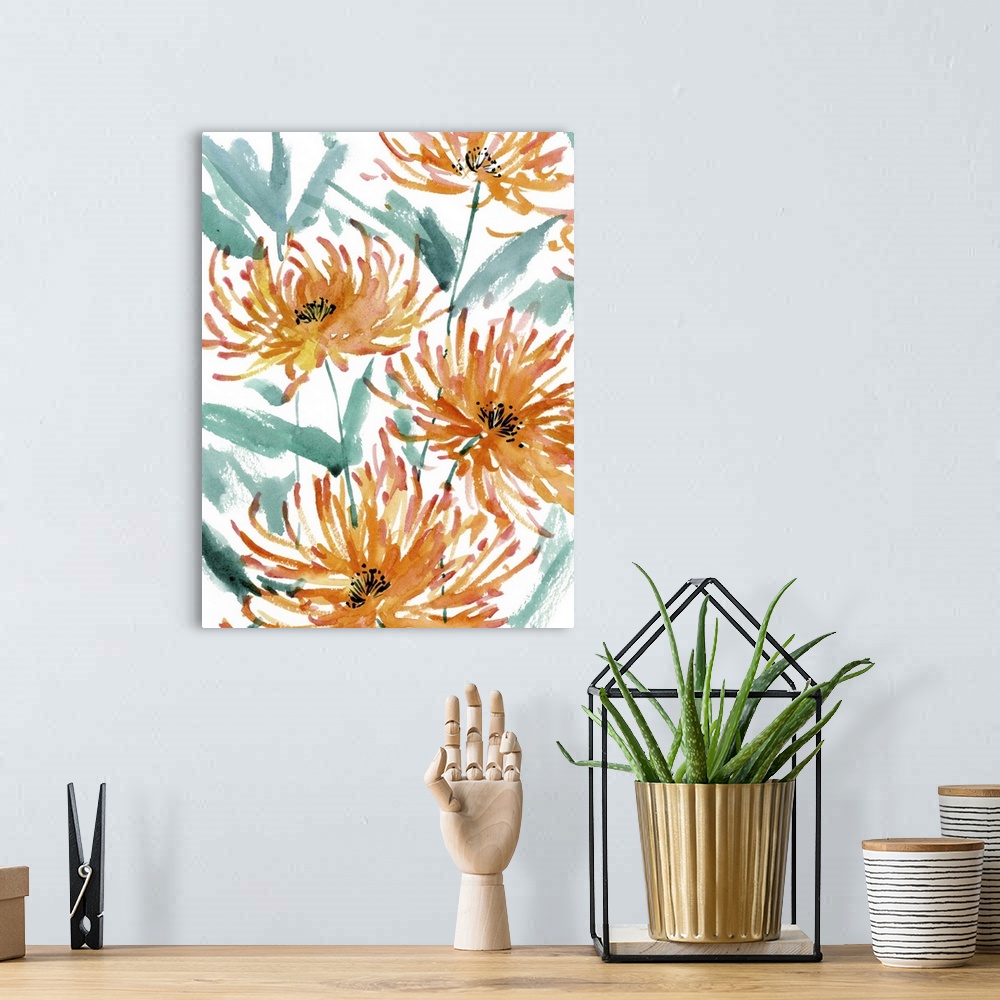 A bohemian room featuring Contemporary watercolor painting of orange, red, and yellow flowers with blue-green leaves on a w...