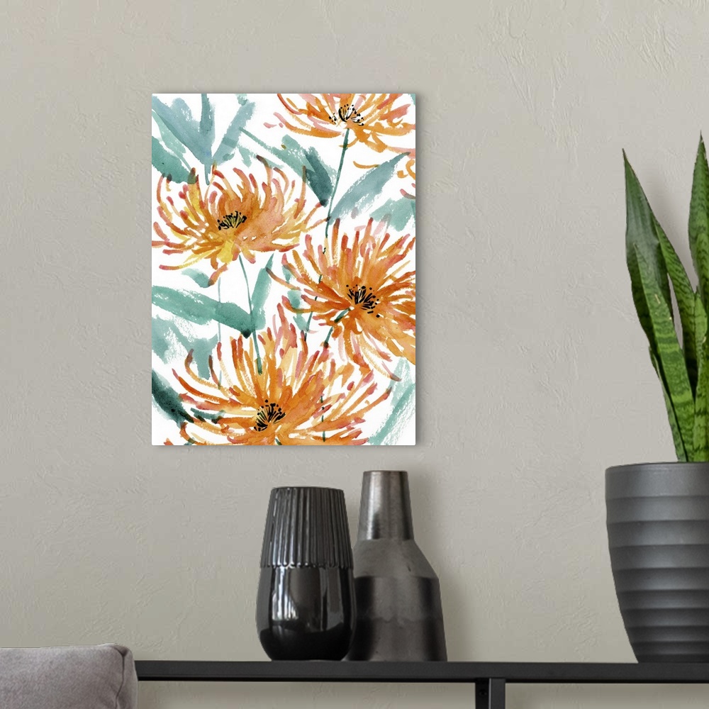 A modern room featuring Contemporary watercolor painting of orange, red, and yellow flowers with blue-green leaves on a w...