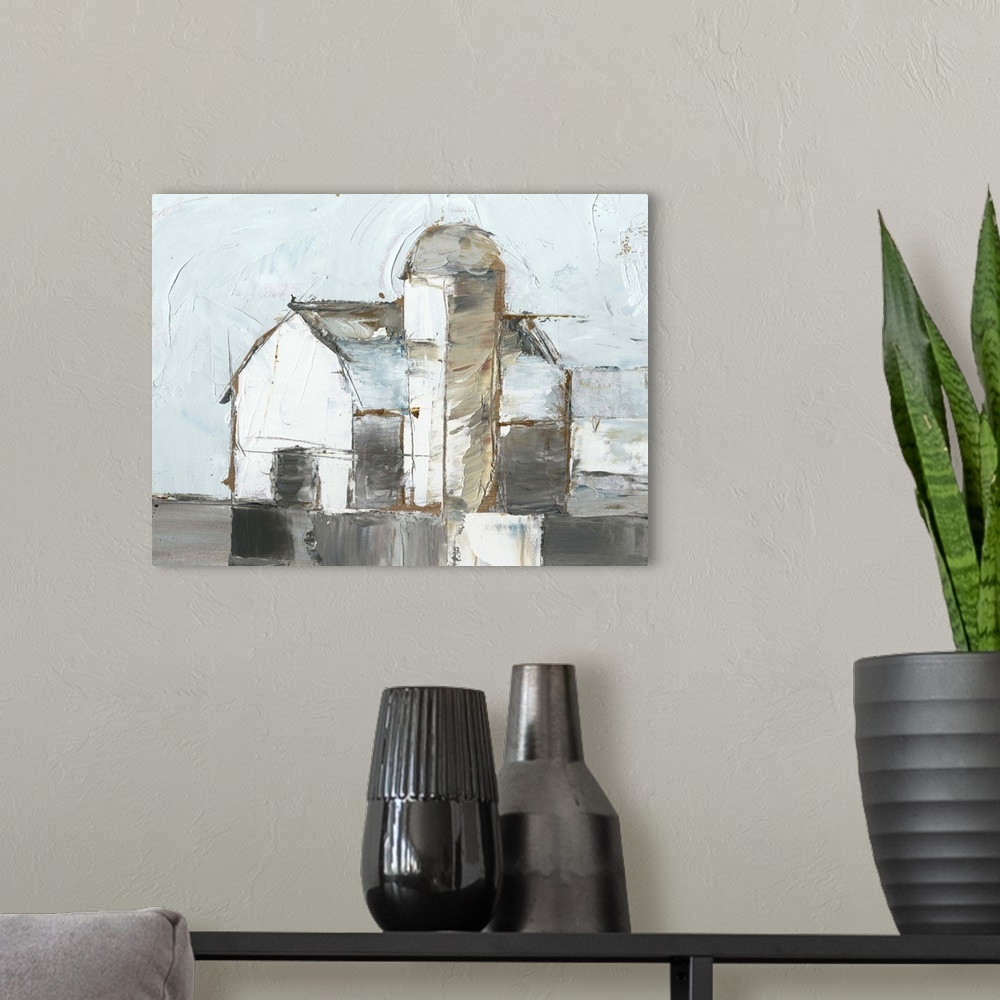A modern room featuring Painting of a white barn and silo with pale blue and grey.