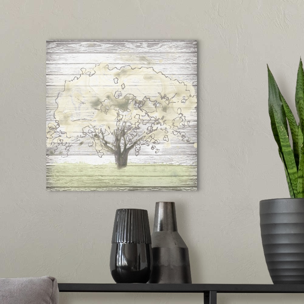 A modern room featuring Creative artwork of a faded tree and grass on a weathered white wood plank background.