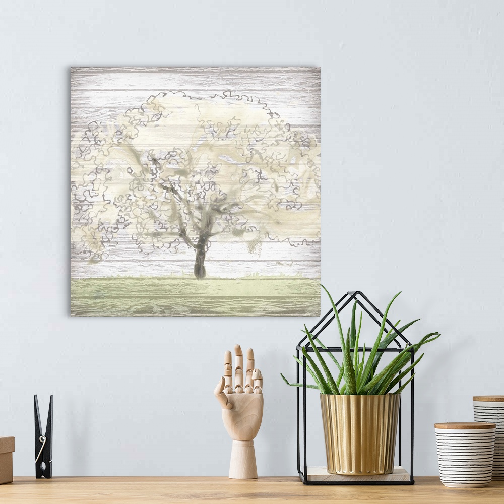 A bohemian room featuring Creative artwork of a faded tree and grass on a weathered white wood plank background.