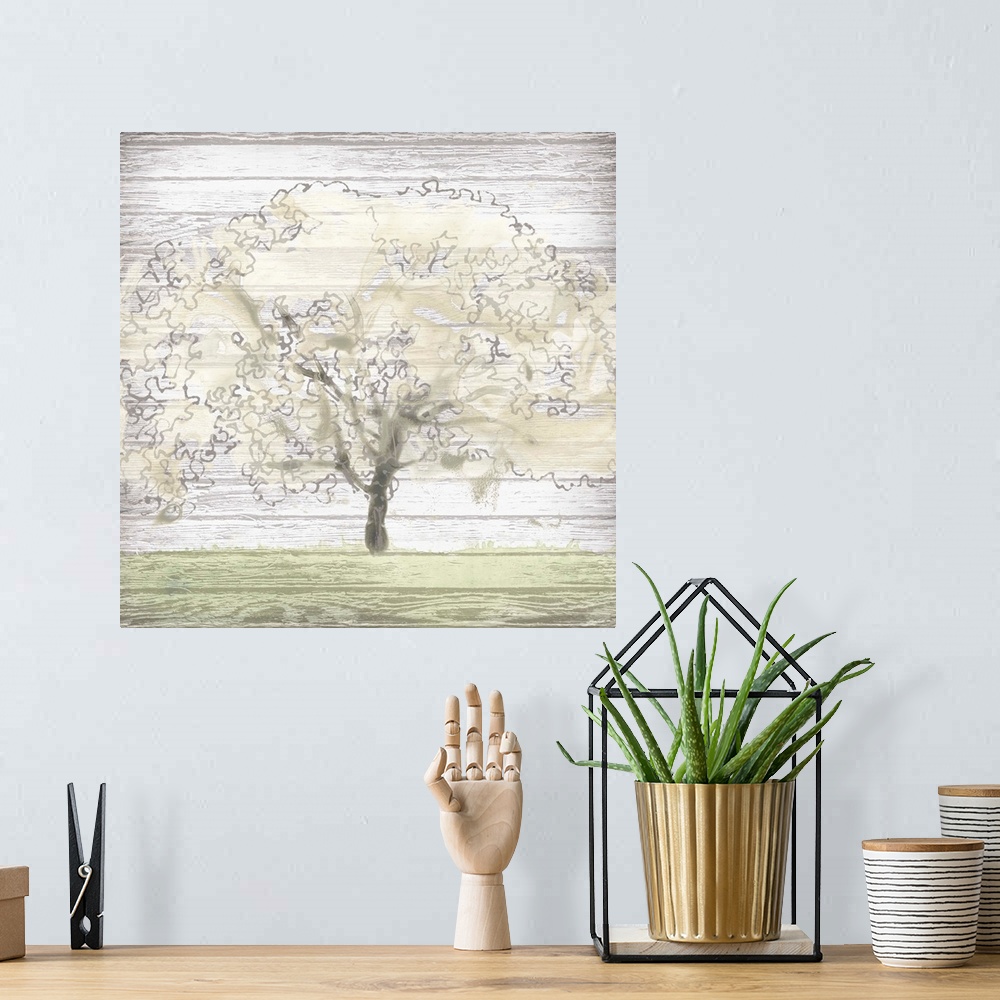 A bohemian room featuring Creative artwork of a faded tree and grass on a weathered white wood plank background.