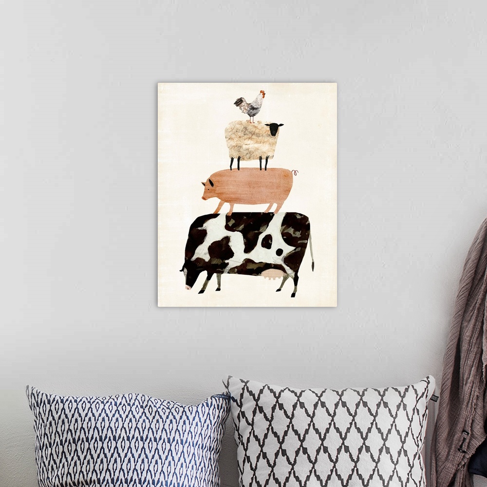 A bohemian room featuring A pyramid of sketched and drawn farm animals fill the neutral distressed background in this decor...