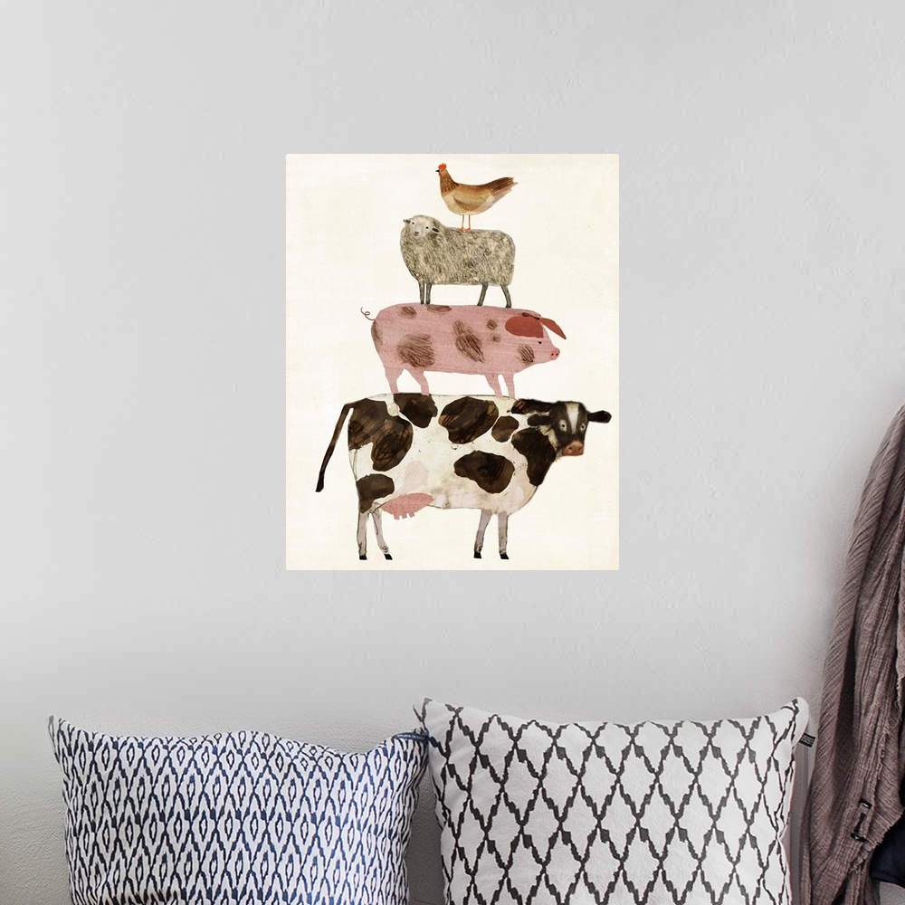 A bohemian room featuring A pyramid of sketched and drawn farm animals fill the neutral distressed background in this decor...