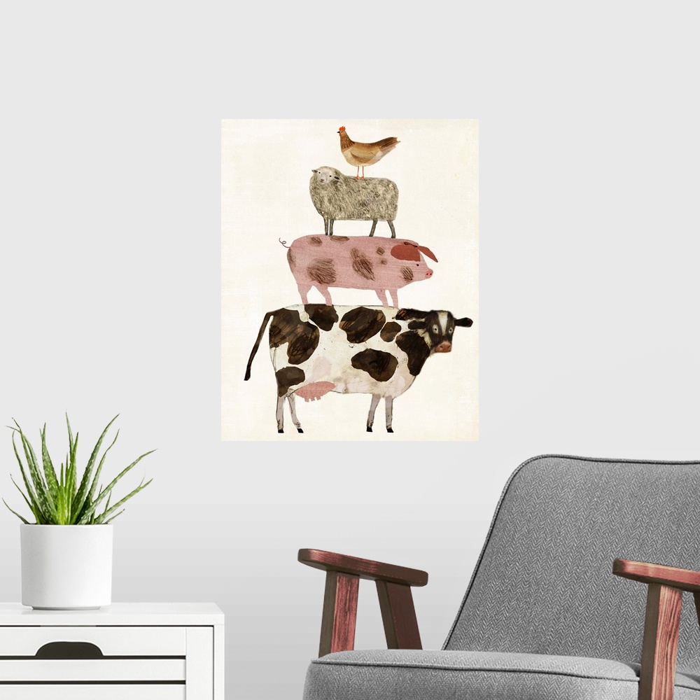A modern room featuring A pyramid of sketched and drawn farm animals fill the neutral distressed background in this decor...