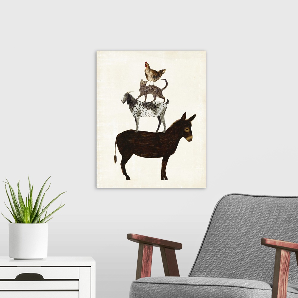 A modern room featuring A pyramid of sketched and drawn farm animals fill the neutral distressed background in this decor...