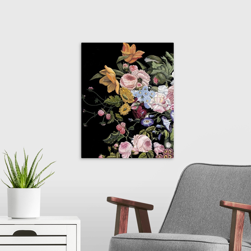A modern room featuring Vintage style art print of a stunning bouquet of flowers of various types on black.