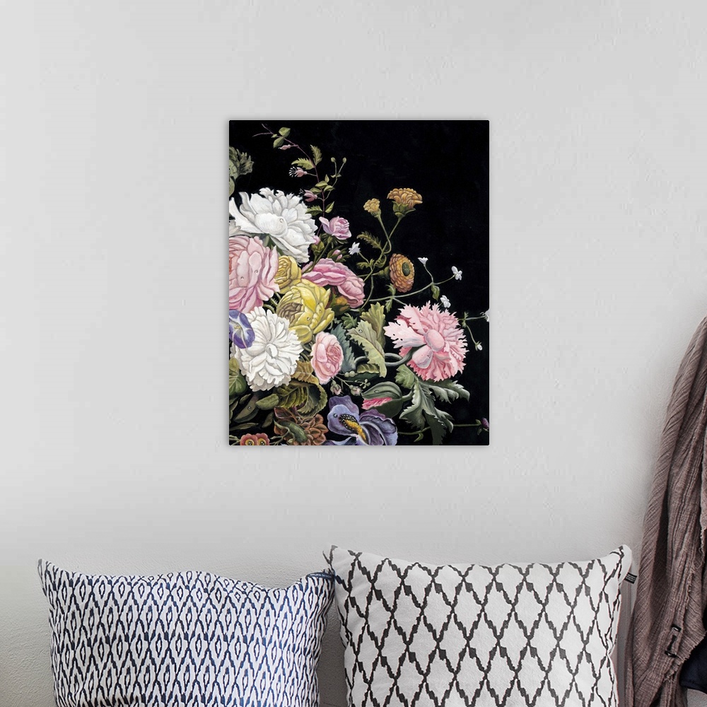 A bohemian room featuring Vintage style art print of a stunning bouquet of flowers of various types on black.