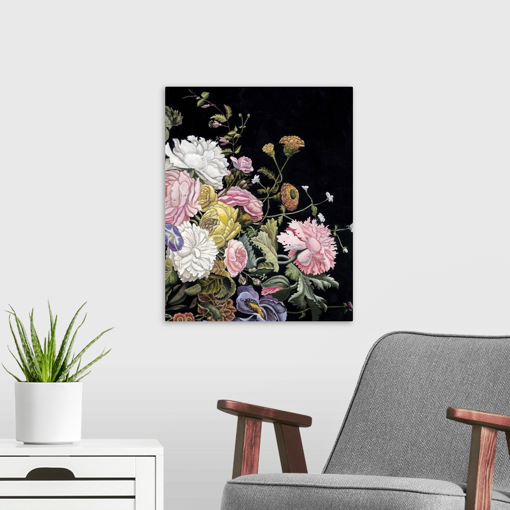 A modern room featuring Vintage style art print of a stunning bouquet of flowers of various types on black.
