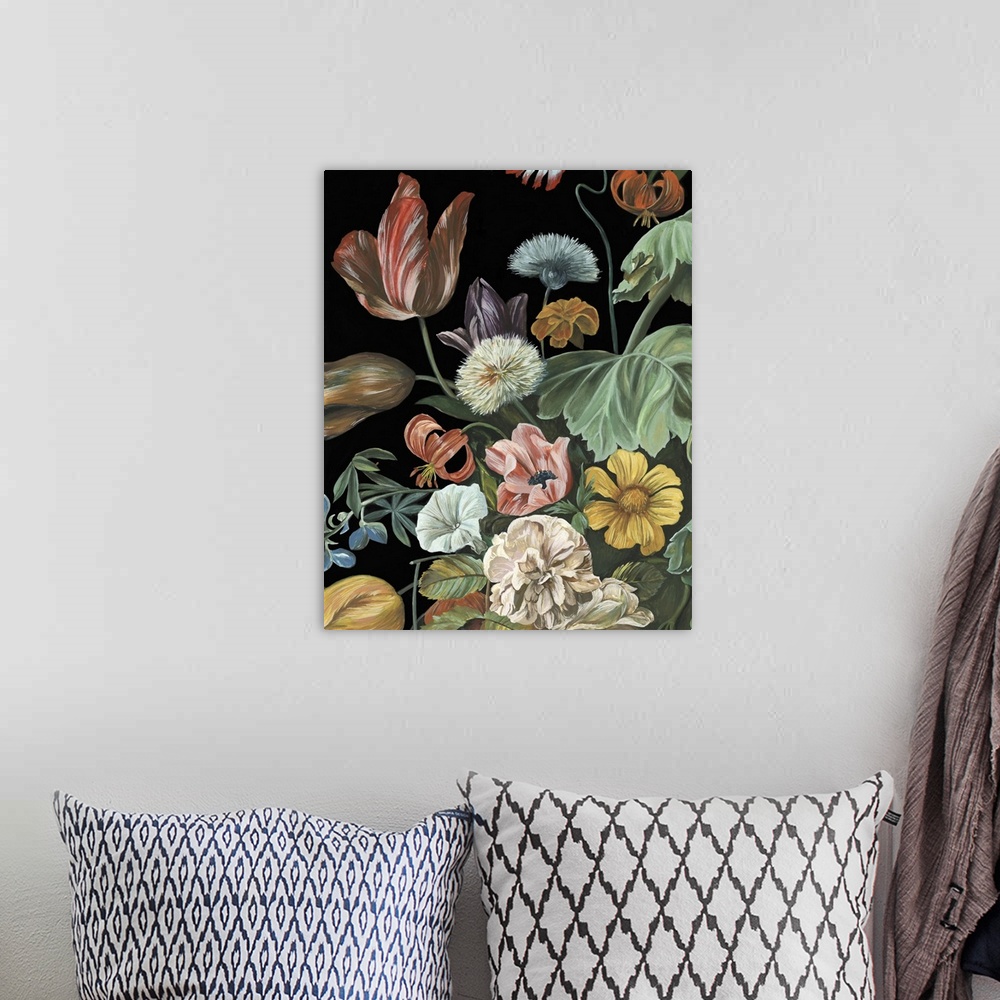 A bohemian room featuring Vertical contemporary artwork featuring flowers surrounded by rich greenery against a black backg...