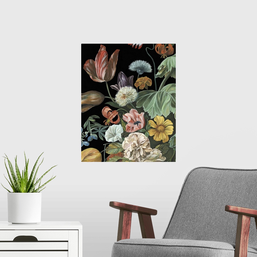 A modern room featuring Vertical contemporary artwork featuring flowers surrounded by rich greenery against a black backg...