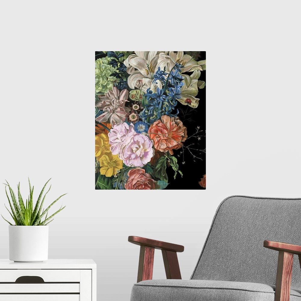 A modern room featuring Vertical contemporary artwork featuring flowers surrounded by rich greenery against a black backg...